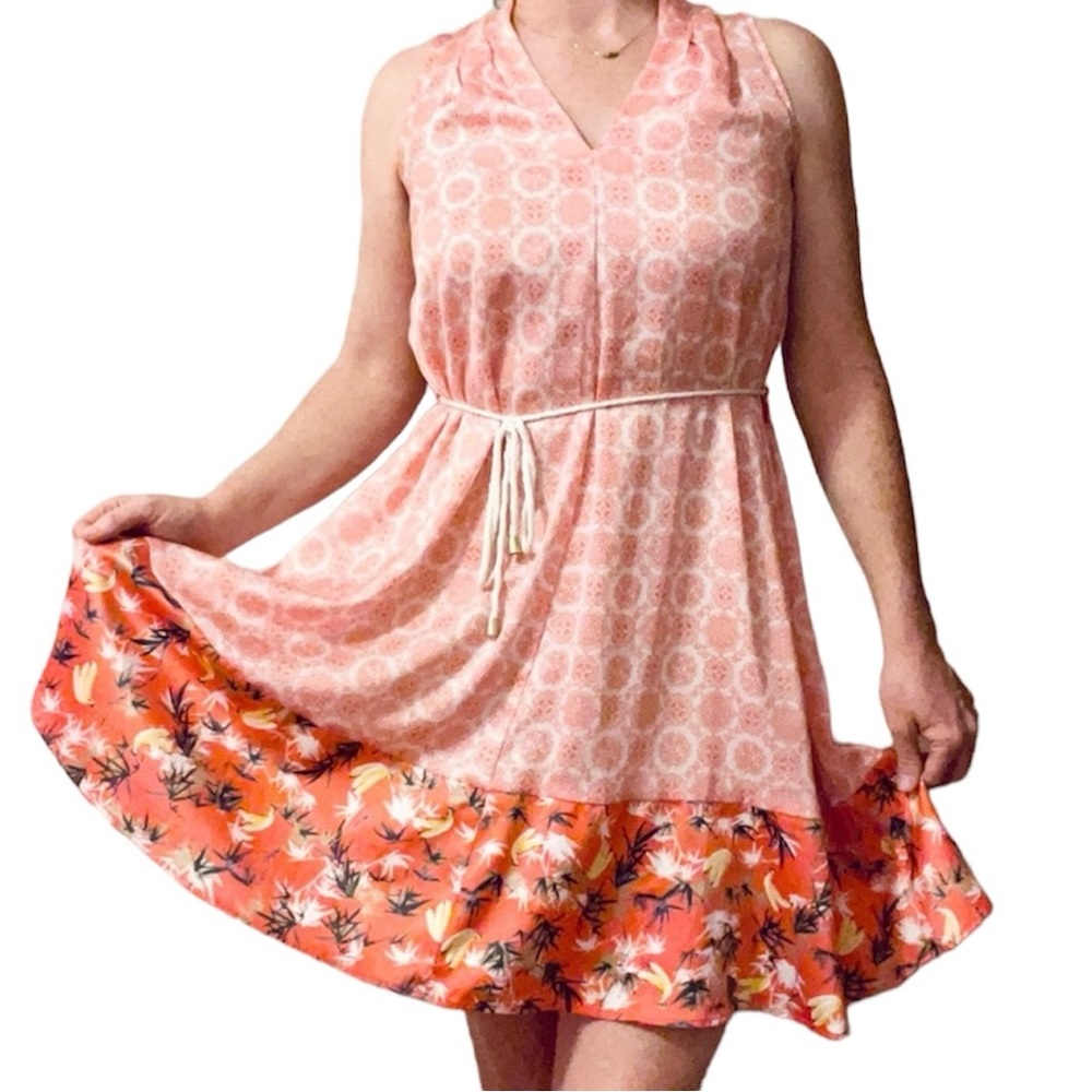 Peter Som sundress tropical mandala print with banana print hem coral size S